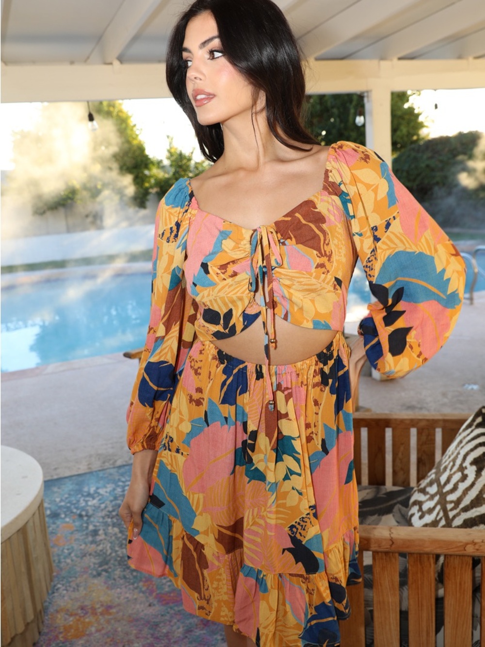 Angie Multicolor Floral Midi Dress in Mustard, Pink & Blue